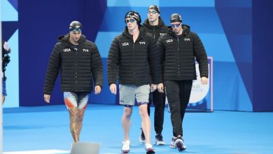 NANTERRE, FRANCE - JULY 27: Caeleb Dressel of Team United States, Jack Alexy, Chris Guiliano and  Hunter Armstrong before the Men's 4x100m Freestyle Relay Final on day one of the Olympic Games Paris 2024 at Paris La Defense Arena on July 27, 2024 in Nante