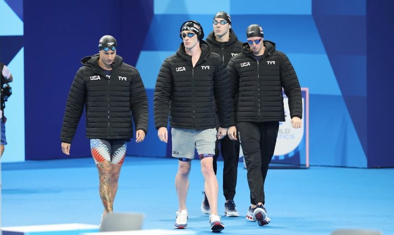 NANTERRE, FRANCE - JULY 27: Caeleb Dressel of Team United States, Jack Alexy, Chris Guiliano and  Hunter Armstrong before the Men's 4x100m Freestyle Relay Final on day one of the Olympic Games Paris 2024 at Paris La Defense Arena on July 27, 2024 in Nante