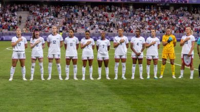 NICE, FRANCE - JULY 25: The USWNT stands on the field before the Women's group B match between United States and Zambia during the Olympic Games Paris 2024 at Stade de Nice on July 25, 2024 in Nice, France. (Photo by Brad Smith/ISI/Getty Images).