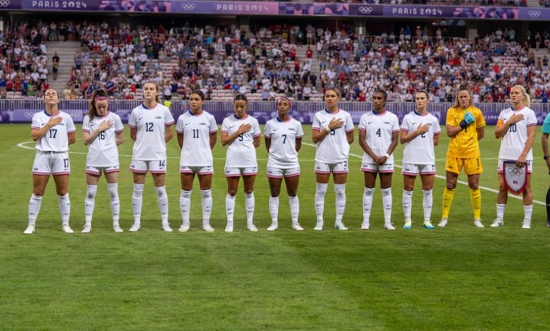 NICE, FRANCE - JULY 25: The USWNT stands on the field before the Women's group B match between United States and Zambia during the Olympic Games Paris 2024 at Stade de Nice on July 25, 2024 in Nice, France. (Photo by Brad Smith/ISI/Getty Images).