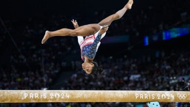 PARIS, FRANCE - JULY 30: Simone Biles of Team United States competes on the balance beam during the Artistic Gymnastics Women's Team Final on day four of the Olympic Games Paris 2024 at the Bercy Arena on July 30, 2024 in Paris, France. (Photo by Tom Well