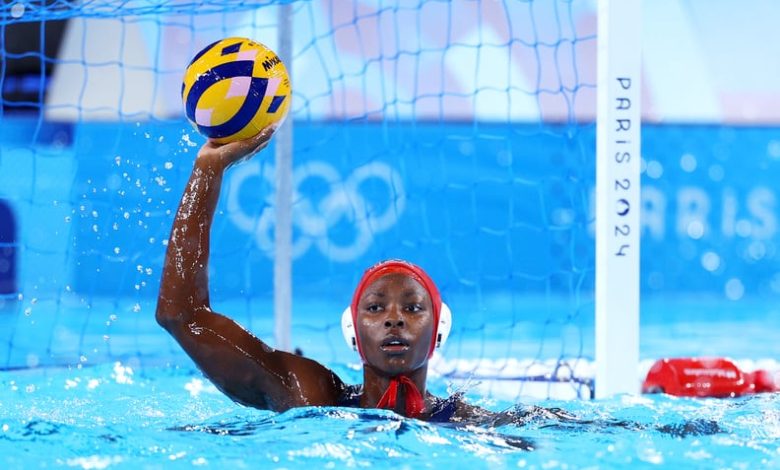 PARIS, FRANCE - JULY 29: Ashleigh Johnson of Team United States looks on during the Women's Preliminary Round - Group B match between Team United States and Team Spain on day three of the Olympic Games Paris 2024 at Aquatics Centre on July 29, 2024 in Par