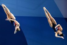 Sarah Bacon and Kassidy Cook of United States of America  compete in the 3m sincro springboard women final during the Paris 2024 Olympic Games at Aquatics Centre. Paris (France), July 27th, 2024. (Photo by DBM/Insidefoto/Mondadori Portfolio via Getty Imag