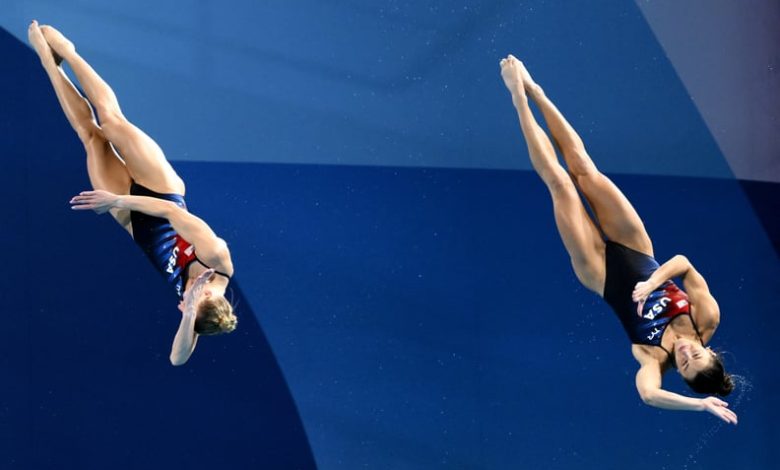 Sarah Bacon and Kassidy Cook of United States of America  compete in the 3m sincro springboard women final during the Paris 2024 Olympic Games at Aquatics Centre. Paris (France), July 27th, 2024. (Photo by DBM/Insidefoto/Mondadori Portfolio via Getty Imag