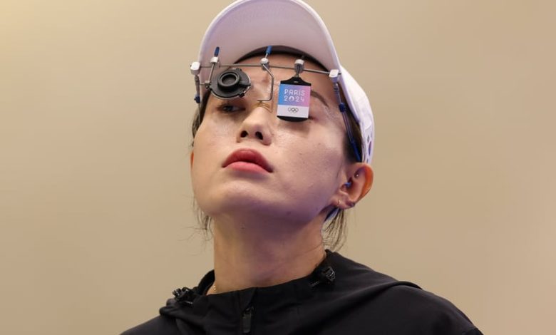 CHATEAUROUX, FRANCE - JULY 28: Kim Yeji of Team Republic of Korea prepares to shoot during the Women's 10m Air Pistol Final on day two of the Olympic Games Paris 2024 at Chateauroux Shooting Centre on July 28, 2024 in Chateauroux, France. (Photo by Charle