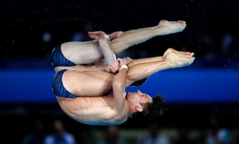 Great Britain's Tom Daley and Noah Williams during the Men's Synchronised 10m Platform Final at the Aquatics Centre on the third day of the 2024 Paris Olympic Games in France. Picture date: Monday July 29, 2024. (Photo by Mike Egerton/PA Images via Getty