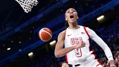 USA's #09 A'ja Wilson celebrates after scoring in the women's preliminary round group C basketball match between USA and Japan during the Paris 2024 Olympic Games at the Pierre-Mauroy stadium in Villeneuve-d'Ascq, northern France, on July 29, 2024. (Photo