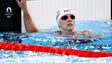 Katie Ledecky of United States of America reacts after competing in the swimming 400m Freestyle Women Heats during the Paris 2024 Olympic Games at La Defense Arena. Paris (France), July 27th, 2024. (Photo by DBM/Insidefoto/Mondadori Portfolio via Getty Im