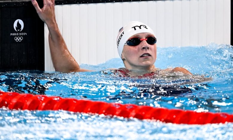 Katie Ledecky of United States of America reacts after competing in the swimming 400m Freestyle Women Heats during the Paris 2024 Olympic Games at La Defense Arena. Paris (France), July 27th, 2024. (Photo by DBM/Insidefoto/Mondadori Portfolio via Getty Im