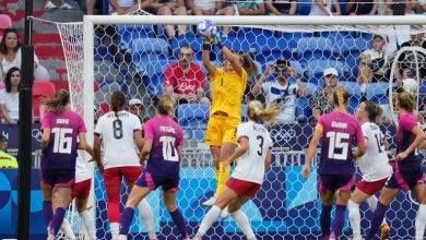 LYON, FRANCE - AUGUST 06: Alyssa Naeher #1 of the United States punches the ball clear during extra time against Germany during the Women's semifinal match during the Olympic Games Paris 2024 at Stade de Lyon on August 06, 2024 in Lyon, France. (Photo by