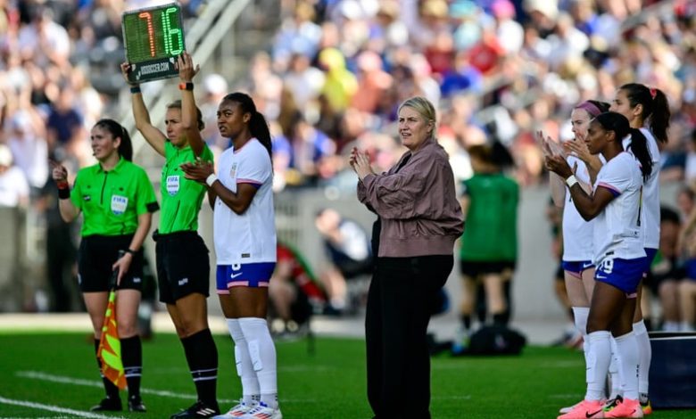 COMMERCE CITY, CO - JUNE 01: United States head coach Emma Hayes looks on as she makes a substitution during a match between the U.S. Women's National Soccer Team and Korea Republic on June 1, 2024 at Dick's Sporting Goods Park in Commerce City, Colorado.