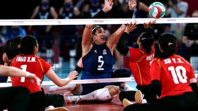 TOKYO, JAPAN - SEPTEMBER 05:  Kathryn Holloway of Team United States and Yanan Wang of Team China go for the ball during the Women's Sitting Volleyball gold match between and China and USA on day 12 of the Tokyo 2020 Paralympic Games at Makuhari Messe Hal