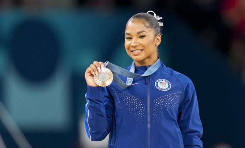 Jordan Chiles of USA celebrates during the Women's Artistic Gymnastics Floor Exercise Final medal ceremony on Day 10 of the Olympic Games Paris 2024 at Bercy Arena on August 5, 2024 in Paris, France. (Photo by Alex Gottschalk/DeFodi Images via Getty Image