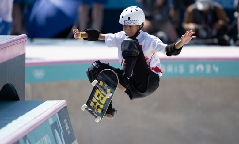 PARIS, FRANCE - AUGUST 06: Zheng Haohao of Team China competes during the Skateboarding - Women's Park Prelims on day eleven of the Paris 2024 Olympic Games at La Concorde on August 6, 2024 in Paris, France. (Photo by Yao Yingkang/Zhejiang Daily Press Gro