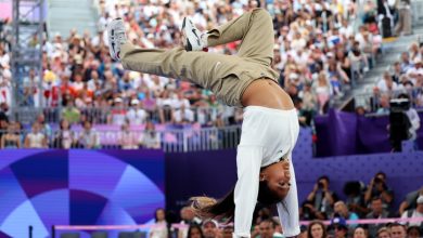 PARIS, FRANCE - AUGUST 09: B-Girl Logistx of Team United States competes during the B-Girls Round Robin - Group B on day fourteen of the Olympic Games Paris 2024 at Place de la Concorde on August 09, 2024 in Paris, France. (Photo by Elsa/Getty Images)