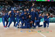 PARIS, FRANCE - AUGUST 11: The USA Women's National Team poses for a photo after winning the Women's Gold Medal Game on August 11, 2024 at the AccorHotels Arena in Paris, France. NOTE TO USER: User expressly acknowledges and agrees that, by downloading an