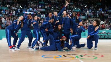 PARIS, FRANCE - AUGUST 11: The USA Women's National Team poses for a photo after winning the Women's Gold Medal Game on August 11, 2024 at the AccorHotels Arena in Paris, France. NOTE TO USER: User expressly acknowledges and agrees that, by downloading an