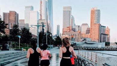 POPSUGAR editor photographed wearing lululemon Swift Speed High-Rise Tights running with group in New York City