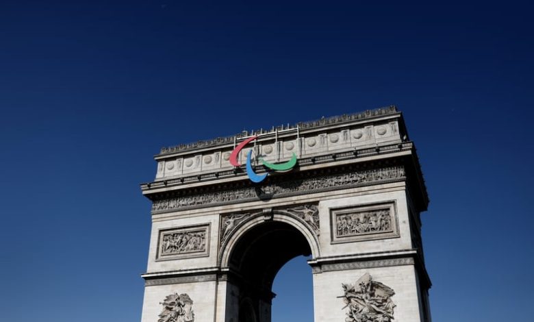 PARIS, FRANCE - AUGUST 26:  The Paralympic logo is seen on the Arc de Triomphe Previews around Paris ahead of the Paralympic Games on August 26, 2024 in Paris, France. (Photo by Naomi Baker/Getty Images)