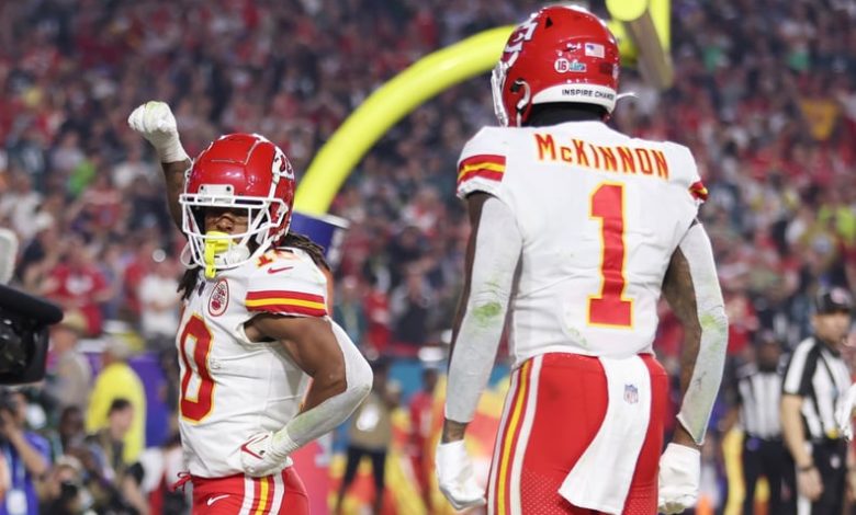 GLENDALE, ARIZONA - FEBRUARY 12: Isiah Pacheco #10 of the Kansas City Chiefs celebrates with Jerick McKinnon #1 of the Kansas City Chiefs after running for a one yard touchdown during the third quarter against the Philadelphia Eagles in Super Bowl LVII at