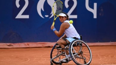 PARIS, FRANCE - AUGUST 31: Maria Florencia Moreno of Argentina in action against Saki Takamuro of Japan in the Women's Wheelchair Tennis Singles first round match on day three of the Paris 2024 Summer Paralympic Games at Roland Garros on August 31, 2024 i