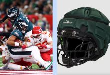 Philadelphia Eagles and Kansas City Chiefs playing in the Super Bowl alongside green Guardian Cap.