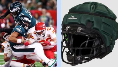 Philadelphia Eagles and Kansas City Chiefs playing in the Super Bowl alongside green Guardian Cap.