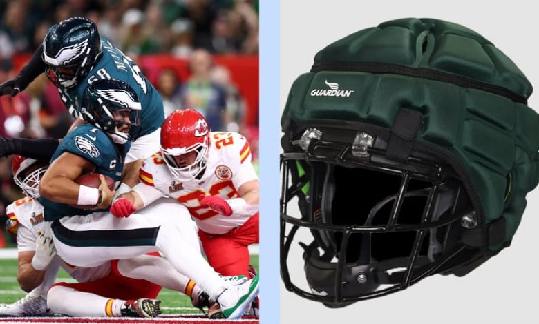 Philadelphia Eagles and Kansas City Chiefs playing in the Super Bowl alongside green Guardian Cap.